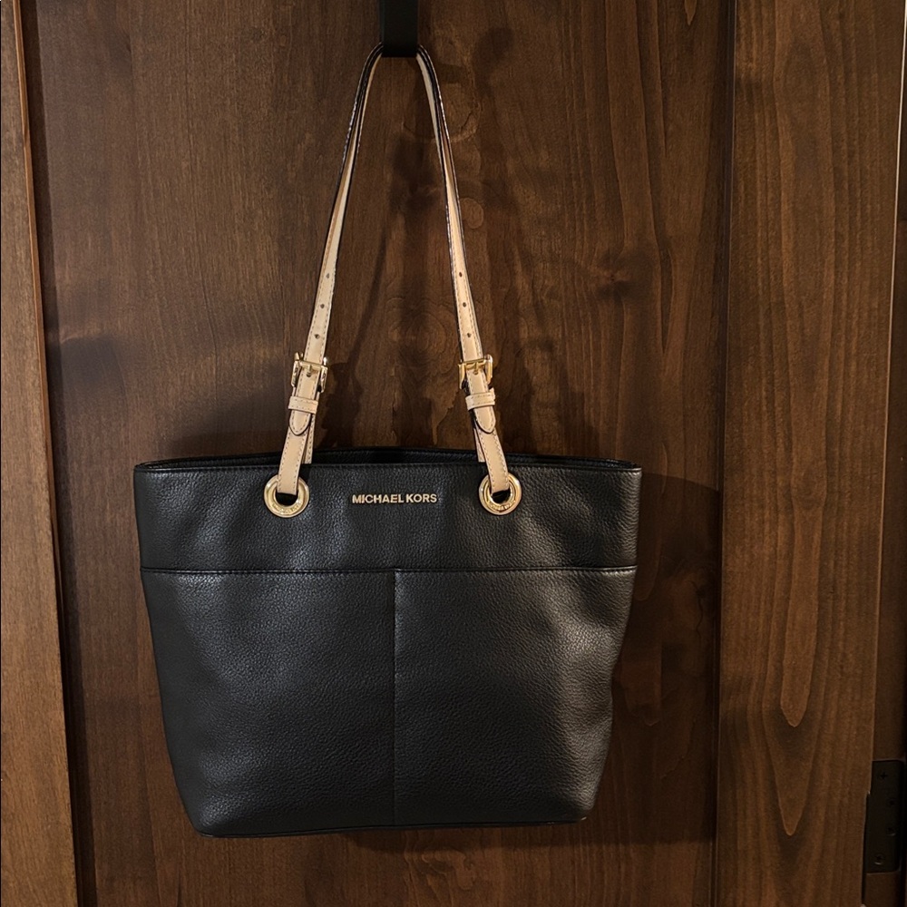 Michael Kors Black Bedford Medium Pebbled Leather Tote with Tan Shoulder Straps